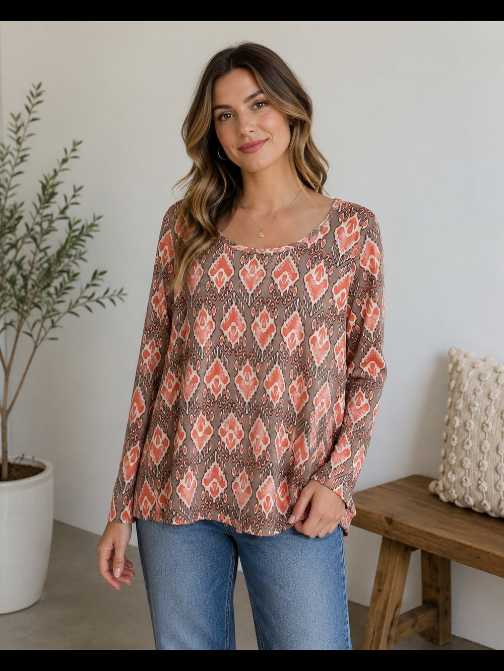 TravelSmith Coral and Brown Printed Scoop Neck Tunic Sz L